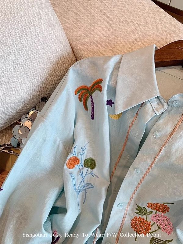 ブルー重工業刺繍日焼け止めシャツ女性のための 2025 夏の新しいハイエンドファッションルーズ長袖薄手のジャケット|undefined