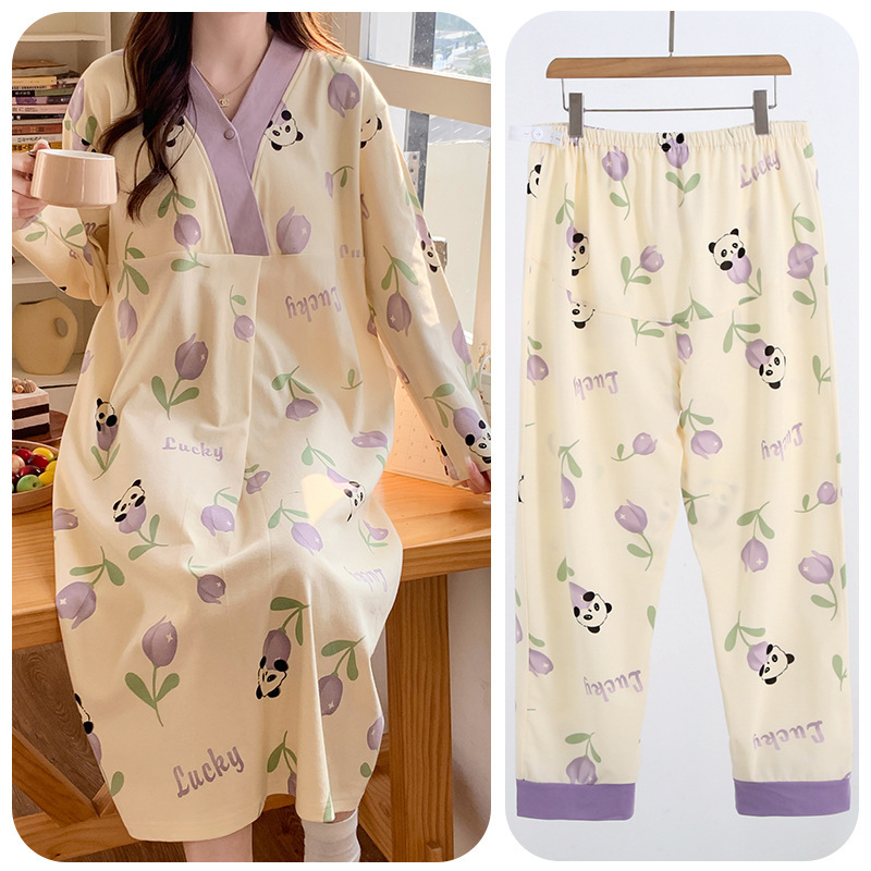 2025 spring long sleeve plus fertilizer to increase pregnant women's feeding nightgown cotton-proof postpartum breast-feeding dress suit 2025 spring long sleeve plus fertilizer to increase pregnant women's feeding nightgown cotton-proof postpartum breast-feeding dress suit
