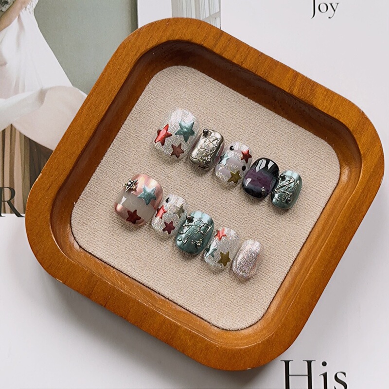 Purely Handmade Wearable Nails Wholesale Ins Korean Short Style Hand-Painted Five-Pointed Star Magic Mirror Powder Design Smudged Manicure Nail Stickers