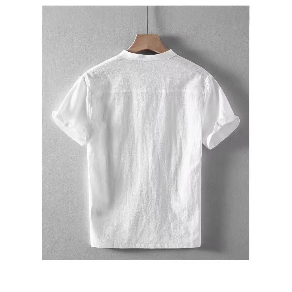 Chinese Style Stand Collar Summer Breathable Men's Cotton and Linen Short-Sleeved Shirt Chinese Style Pullover Casual Linen Shirt