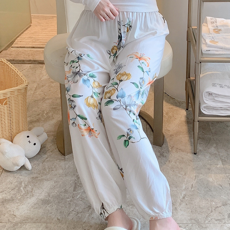 睡裤女夏季棉绸空调房长裤可外穿灯笼裤薄款人造棉宽松日系家居裤|undefined