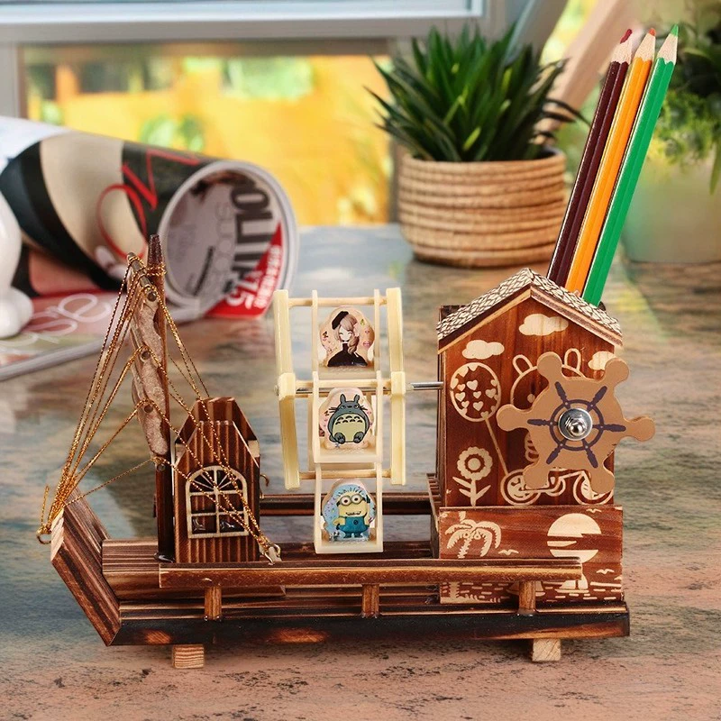 M1512 деревянный дом ветряная мельница парусная вращающаяся музыкальная шкатулка 60-273 креативный деревянный карандаш Студенческий подарок на день рождения