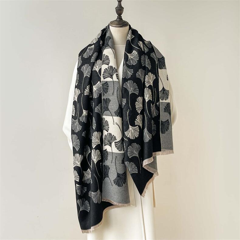 684g Weight Scarf Classification Outdoor, Daily Occasion Imitation cashmere Material Ginkgo Leaf Pattern Autumn&Winter Season Women's Gender Japanese Style, Sweet Style Women's Japanese Style Sweet Ginkgo Leaf Imitation Cashmere Scarf 5