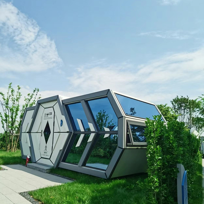 Casa de estrellas de vidrio panorámica de aterrizaje cápsula espacial de aluminio de aviación casa de acampamiento estrella alojamiento residencial
