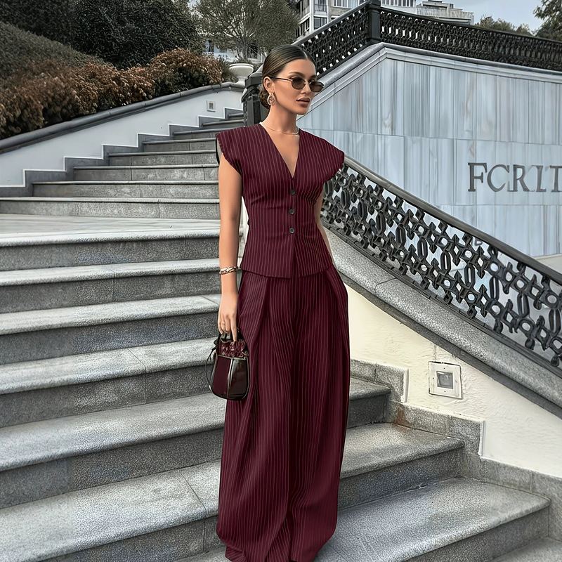 2026 Women's Fashionable and Elegant Two-Piece Set, Sleeveless V-Neck Striped Blazer Paired with Pleated Wide-Leg Pants