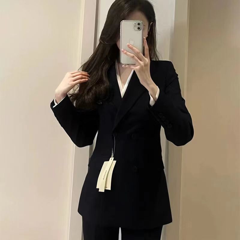 灰色西装套装女2025年春秋新款上衣工作服正装黑色西服外套两件套|undefined