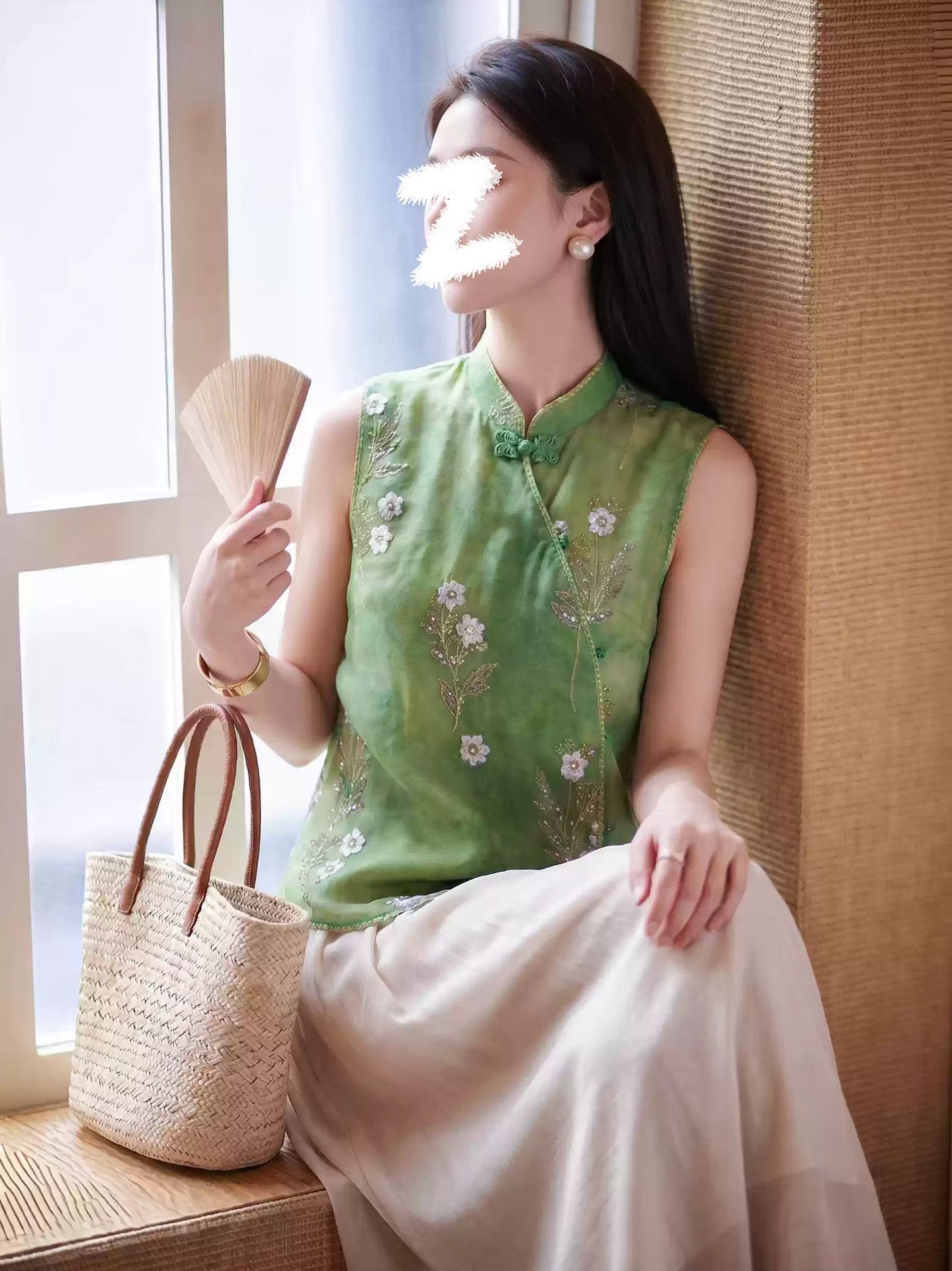 Áo gile không tay cổ đứng xẻ tà thêu hoa phong cách Tân Trung Hoa — xanh lá cây chi tiết 3
