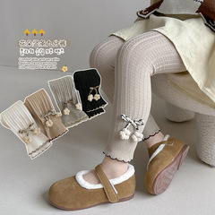 2023女童春秋韓版可愛九分褲打底褲兒童花邊棉質寶寶花朵褲襪批發