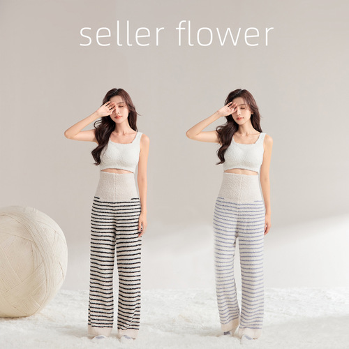 Winter and Autumn Women's Thicker Fleece Lined Pajama Pants with Half Fleece Waistband, Striped Home Pants, Loose Elastic Waist Supportive Leggings