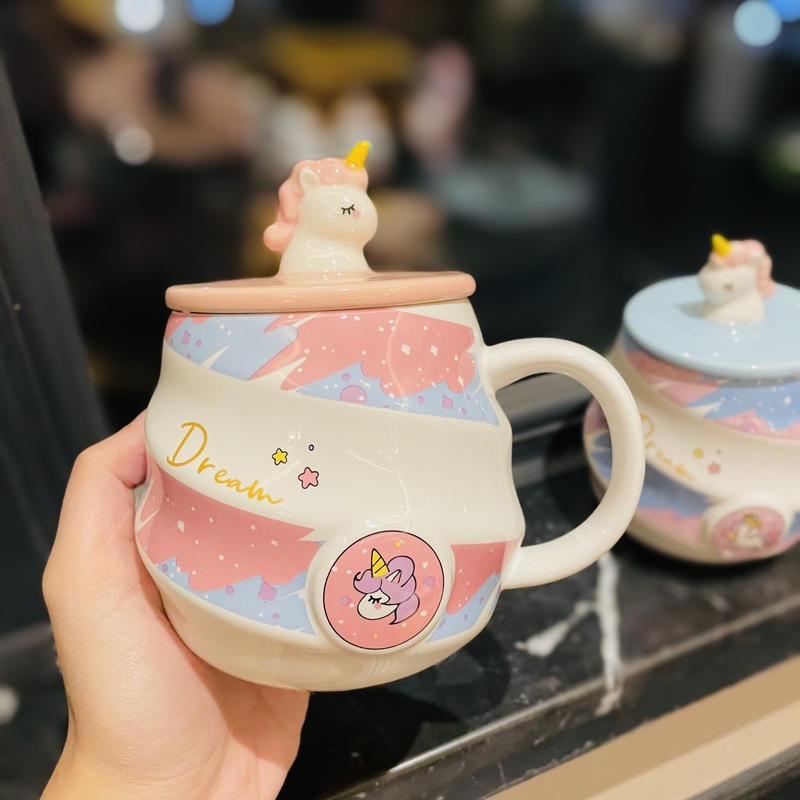 かわいい漫画ユニコーン陶磁器マグカップ蓋付きスプーン少女心家庭用飲水カップオフィスコーヒーカップ|undefined