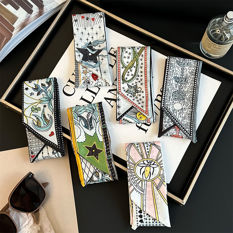Bufanda de seda, tira delgada y larga, sentido de alta gama, nuevo bolso de la marca del tarot de la constelación, pañuelo para el cabello, cinturón para el cabello, cinturón para la cintura