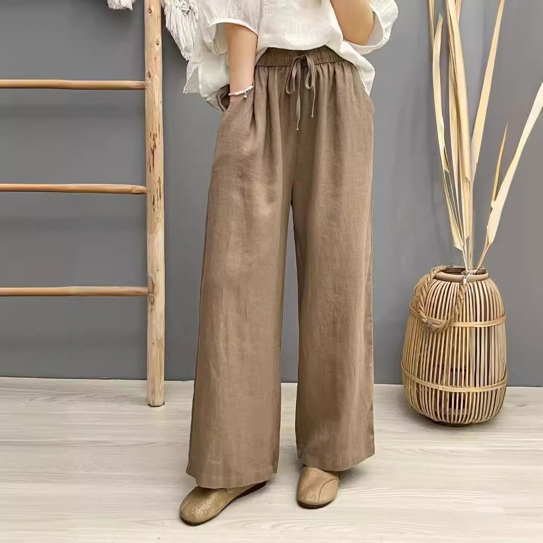 2024 summer new elastic waist solid color simple casual pants linen lightweight breathable slimming all-match straight pants women