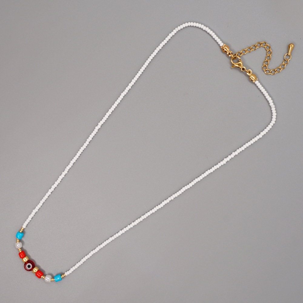 New Bohemian Style White Bead Glass Devilu0027s Eye Beaded Necklace