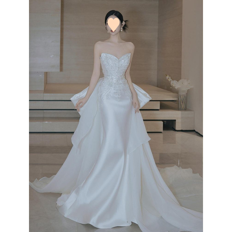 Abito da sposa elaborato in stile francese, nuovo modello 2025, abito formale a sirena in raso, semplice ed elegante._voghion.com