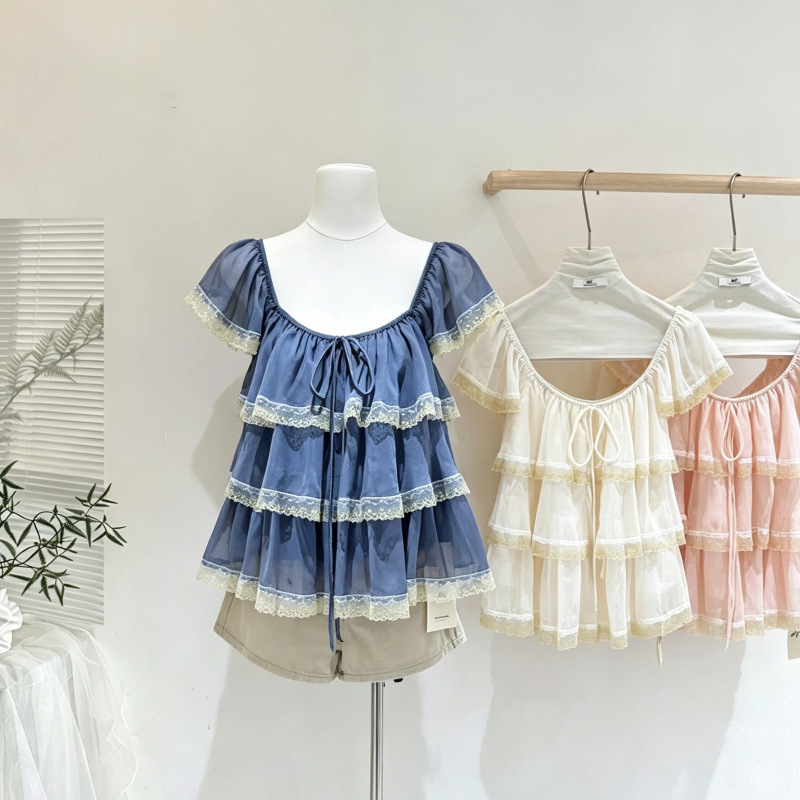 Nuo Chu Korean-Style Sweet Ruffled Lace Patchwork Chiffon Shirt for Women, Summer Short-Sleeve Blue Layered Chiffon Unique Top