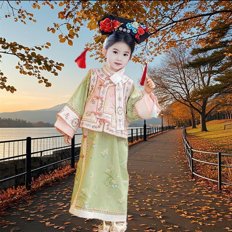 汉服女童格格春秋儿童中国古装25年旗袍清朝新款中式印花旗袍套装|undefined