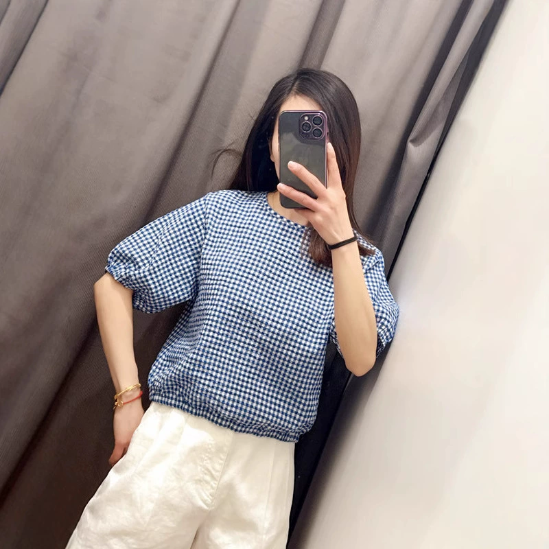 Японская женская свободная рубашка из жатого хлопка, пуловер с круглым вырезом, клетчатый топ с короткими рукавами, весенне-летний новый стиль 476775