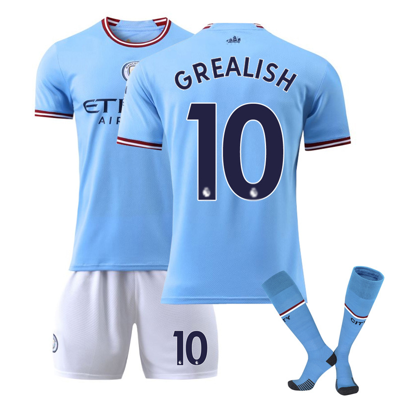 thumbnail image 1 of 22-23 Conjunto de camiseta de fútbol local del Manchester City No. 17 De Bruyne 9 Harland 47 Foden 7 Sterling Jersey (No.10 con calcetines) L, 1 of 3