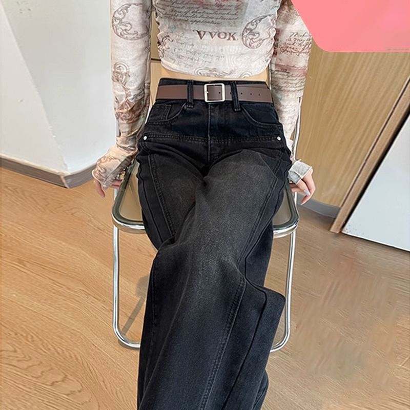 黑灰色加绒加厚阔腿牛仔裤女秋冬季2025新款高腰宽松显瘦直筒裤子|undefined