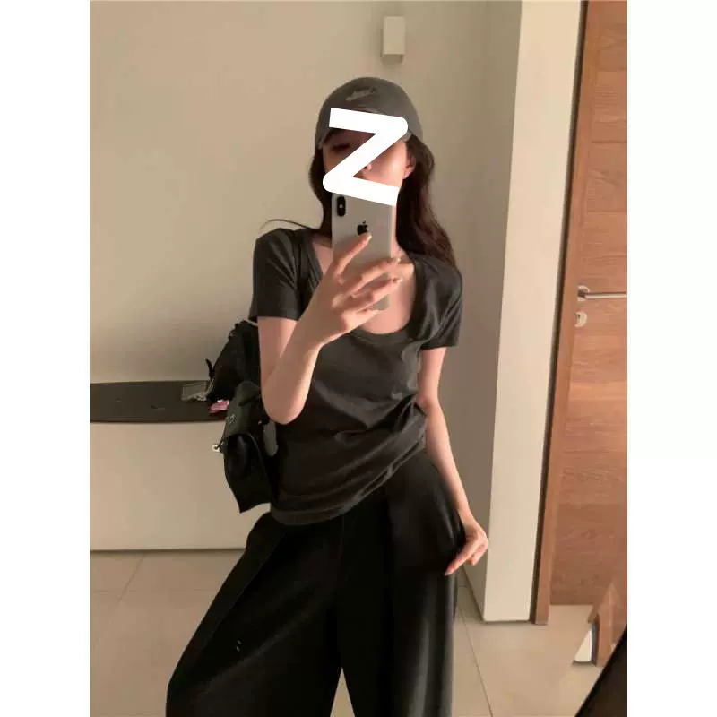 纯欲风U领灰色短袖T恤女装夏季2024新款小众基础款修身打底衫上衣