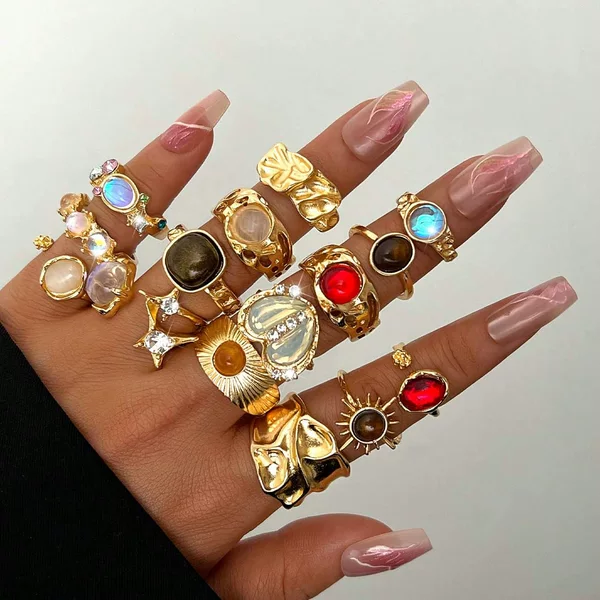 European and American Cross-Border Best-Selling Enamel Rings with Niche Design, Adjustable Open-Ended Patterned Index Finger Rings and Tail Ring Sets