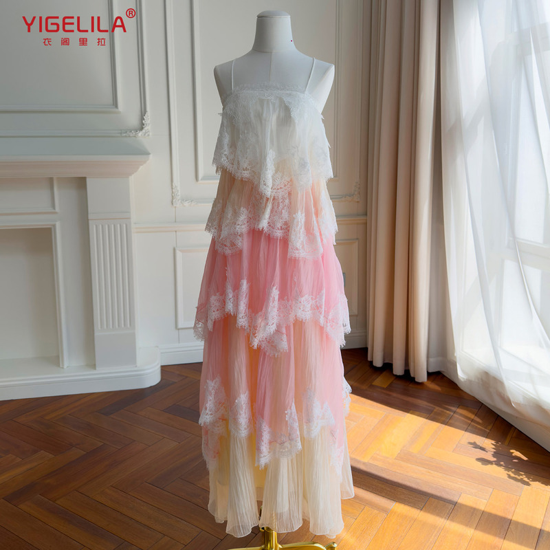 French-Style Gentle Fairy Long Dress with Layered Gradient Color-Blocking Hollow Lace Embroidery Cake Dress 69698