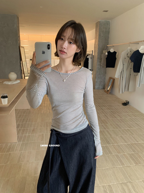 imiss韩系条纹露后背2025女秋季新简单基础舒适透气长袖T恤韩系风|undefined