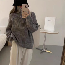 秋冬坑条半拉链毛衣女设计感立领软糯宽松慵懒风外穿针织衫上衣