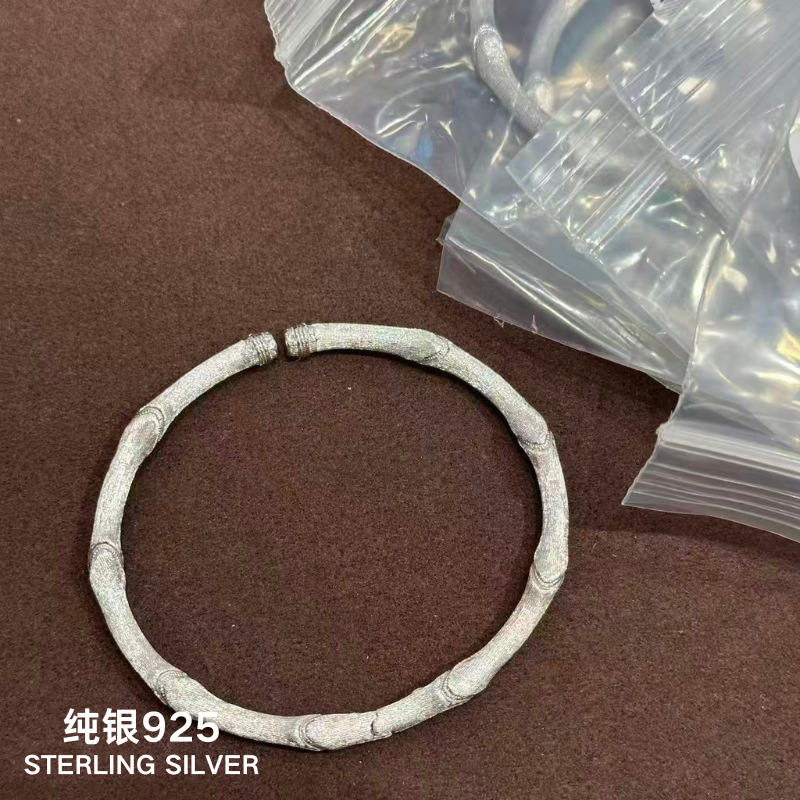 通体纯银S925新中式节节高升拉丝竹节手镯开口螺旋设计手工拉丝款|undefined