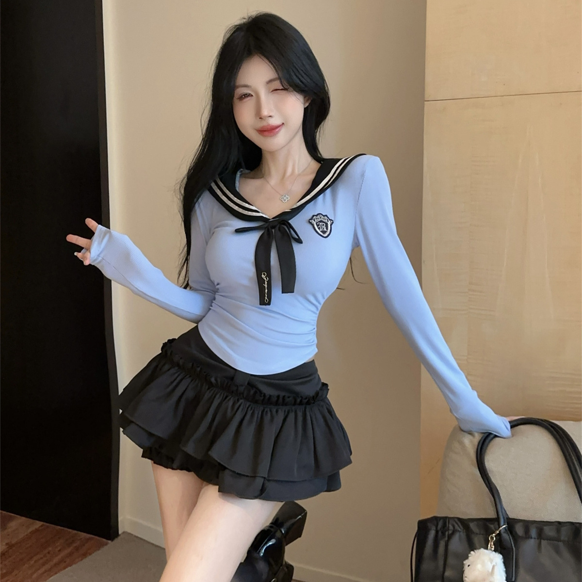 대학 스타일 JK 긴팔 최고 여성 가을 순수 달콤한 스파이스 소녀 짧은 최고급 세련된 아름다운 투피스 세트
