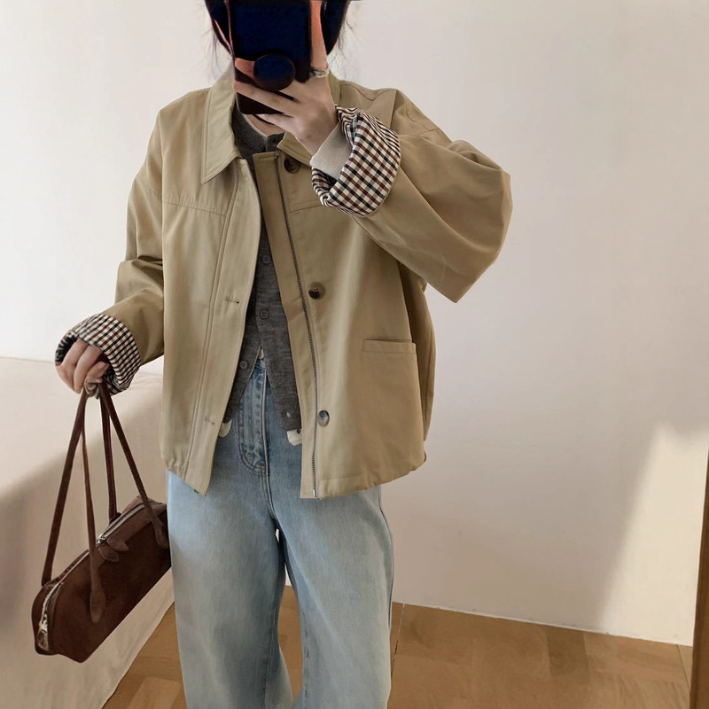 韩系高级感宽松休闲风翻领风衣外套女2025早秋新款格纹拼接上衣潮|undefined