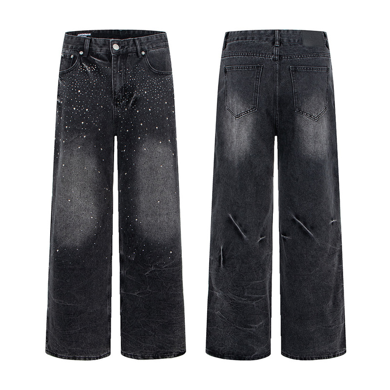 American Trendy Brand Autum New Gray Washed Black Hot Diamond Skull Loose Straight Wide Leg Jeans