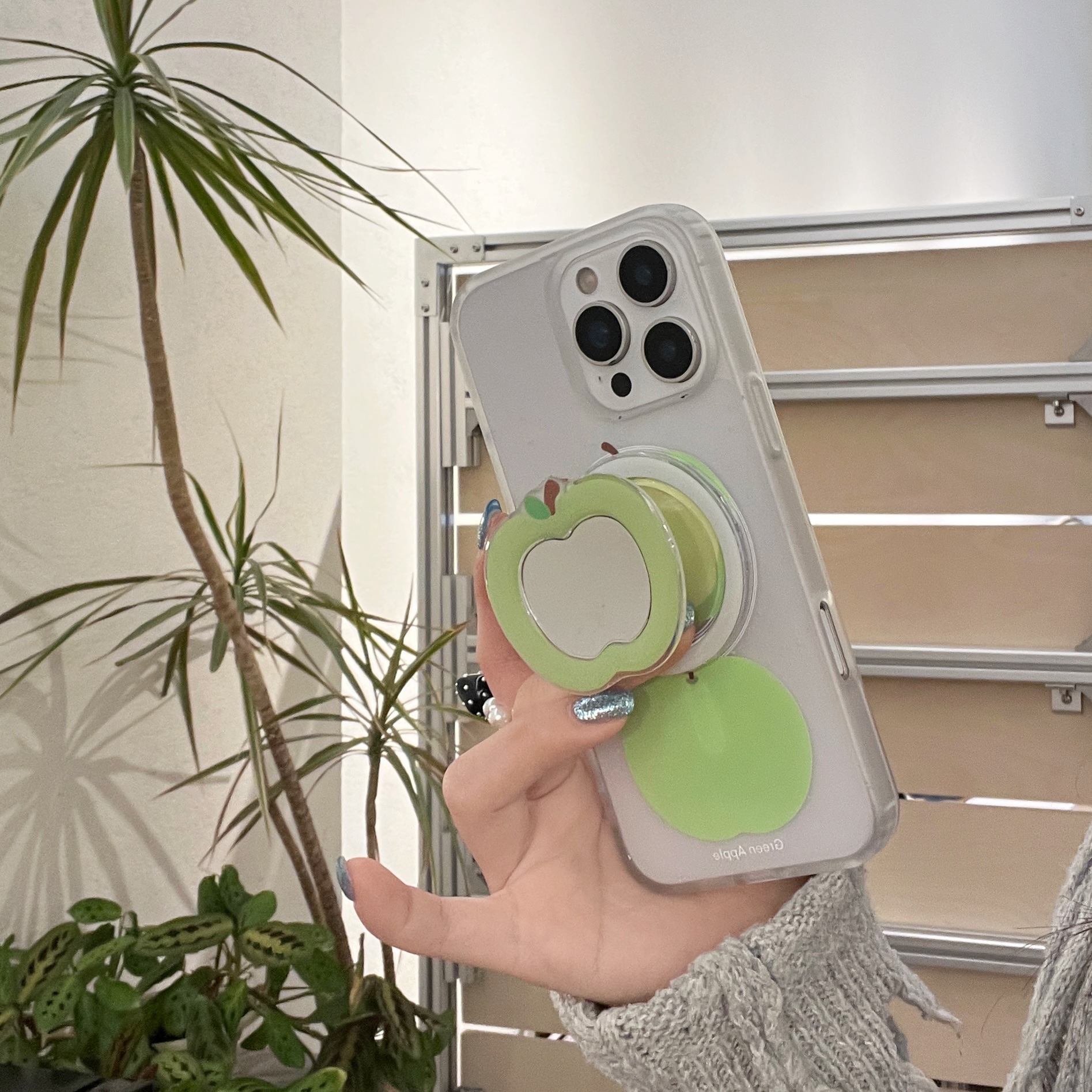 Soportes de espejo de manzana verde con salpicaduras de tinta para estuche para teléfono móvil Apple 16ProMax 15/14 nuevo 13 verano 15Pro femenino