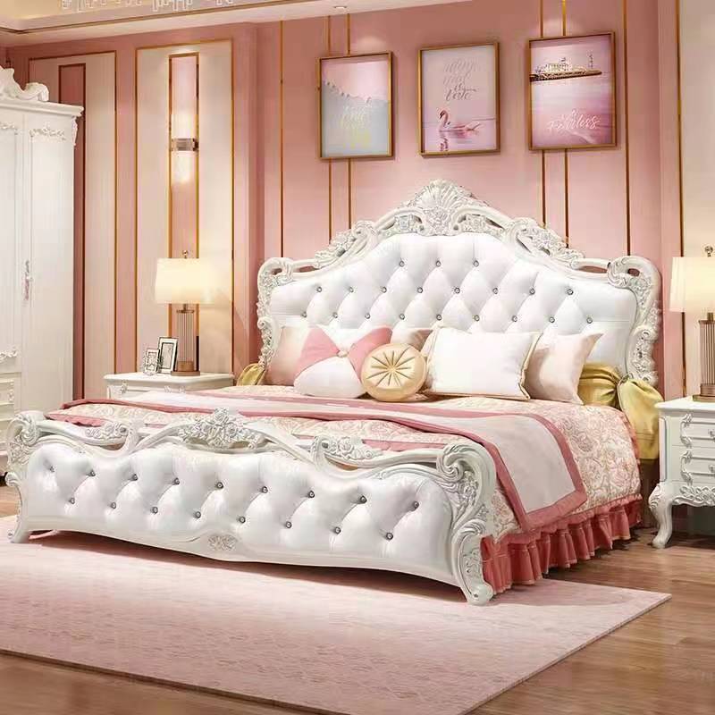 European-Style Bed Modern Simple Solid Wood Princess Bed Simple European Double Bed Pink Leather Wedding Bed Master Bedroom Furniture Combination Set