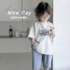 兒童T恤男童韓版新款字母T恤中小童印花百搭上衣寶寶淺灰色短袖潮