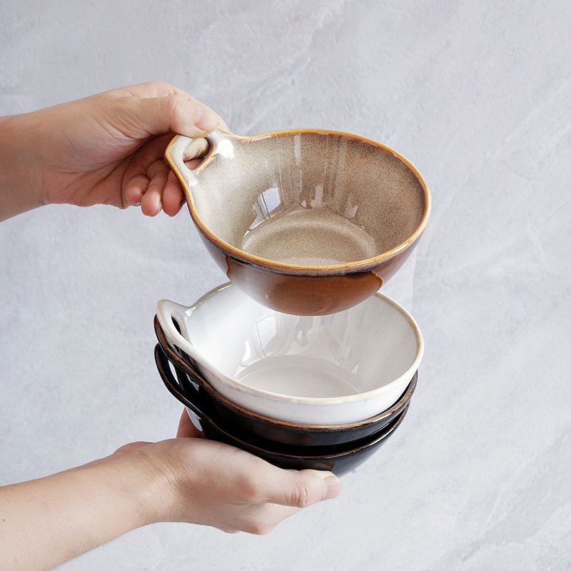 Japanese -style creative kiln -changing ceramic single -handle bowl home breakfast bowl restaurant personalized salad bowl oat bowl retro tableware