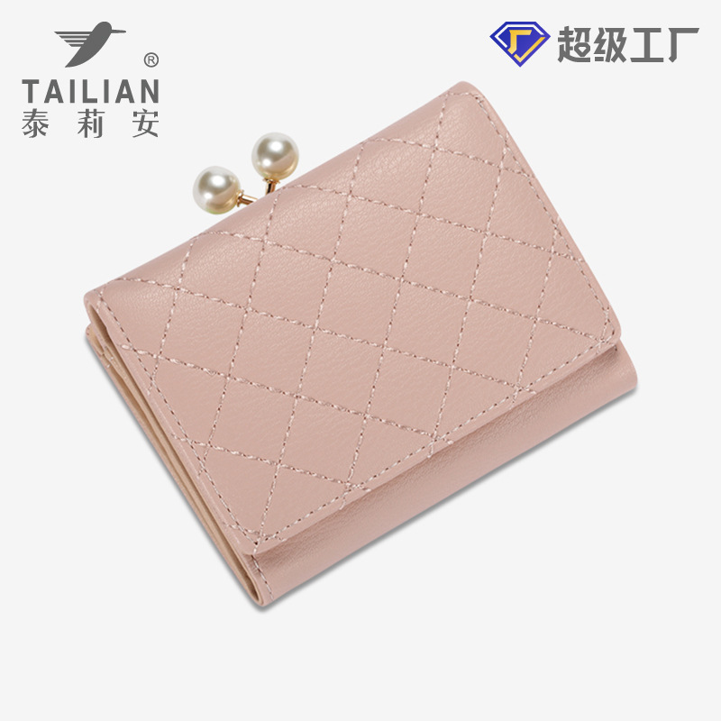 Cartera corta para mujer estilo Chanel, bordado de hilo, con perlas, clip pequeño, monedero de moda Terian.