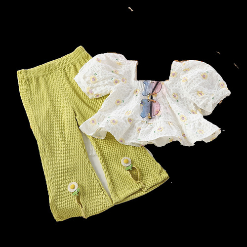 Korean Children's Summer  New Girl's Set Fashion Lace Top and Belted Wide Leg Pants Set