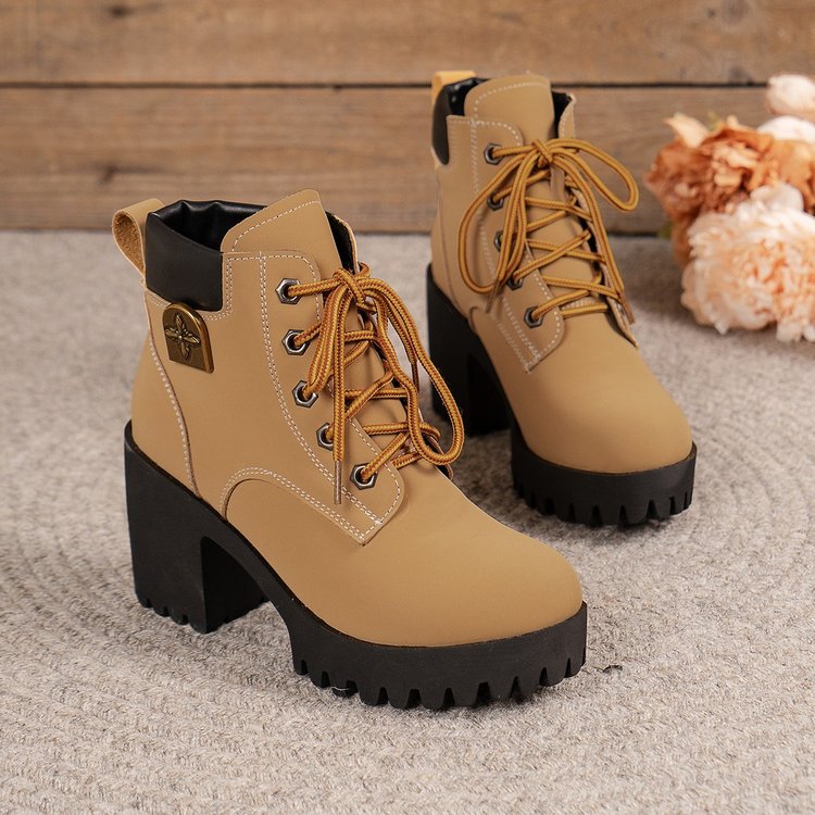 Autumn and Winter Export Large Size High Fashion Short Boots for Women Thick Heel Short Front Lace Retro Boots Lightweight and Non-Slip
