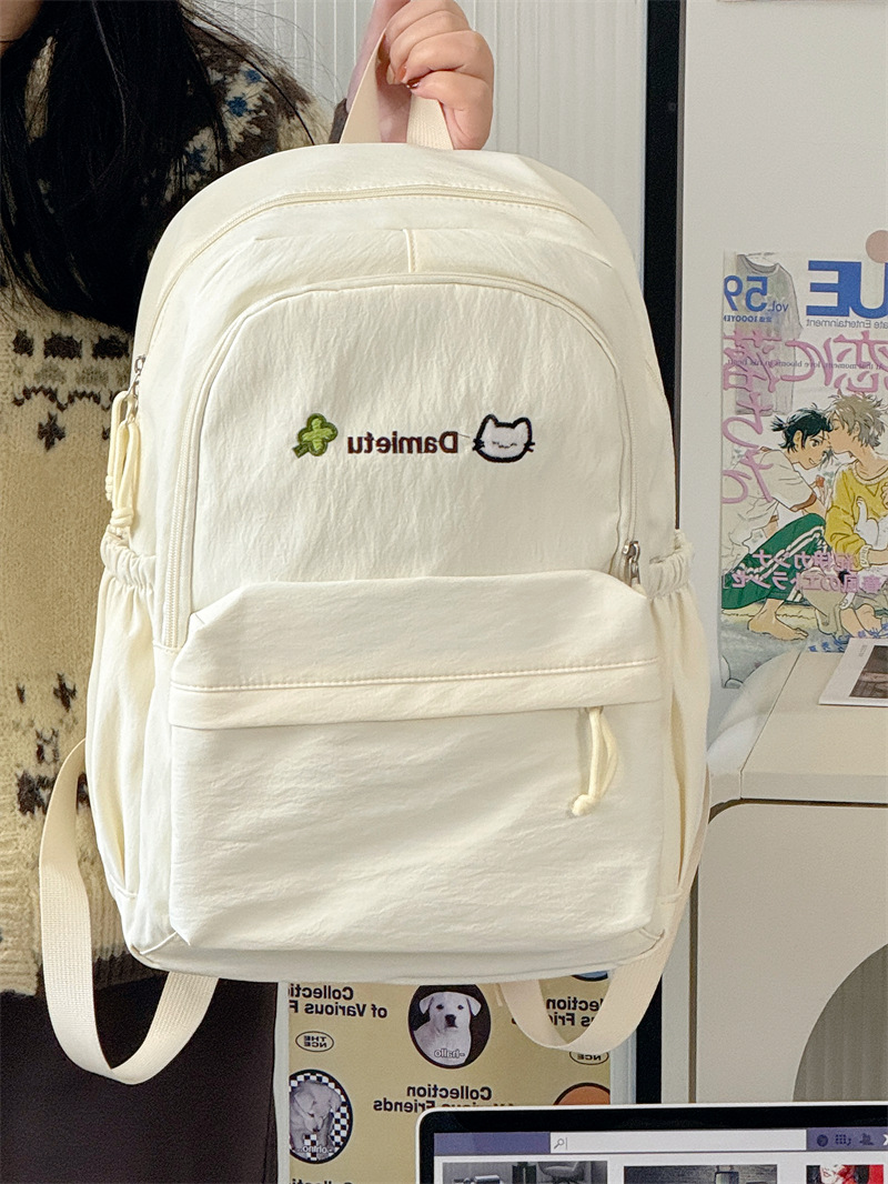 School Bag for Girls, Japanese Style, Cute Cartoon Embroidered Kitten, Soft Girl Academy Style, Mori Style Backpack, Large Capacity Double Shoulder Bag