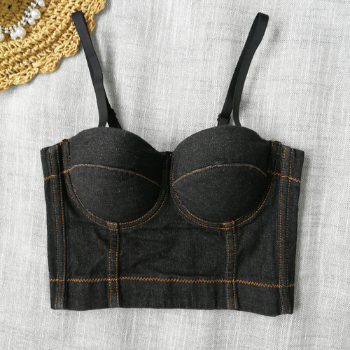 European and American denim camisole for beauties with back exposed and navel-free underwear to wear fishbone top versatile nightclub disco tube top