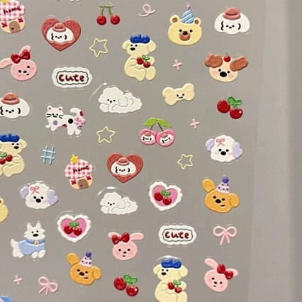 Ins Style Dopamine Cherry Puppy DIY Nail Sticker Girl Heart 5D Embossed Stereo Water Cup Camera DIY Sticker