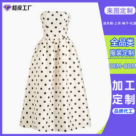 东莞虎门工厂定制跨境女士黑色波点露肩中长连衣裙