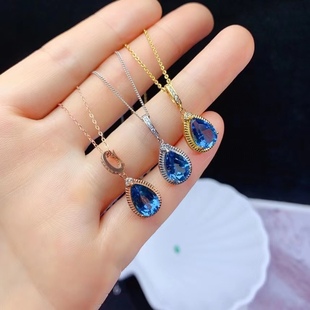 S925 Silver Set London Blue Topaz Water Drop Pendant Universal Buckle Simple Fashion Color Treasure Women's Main Stone 7*10