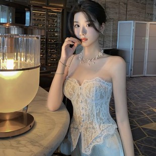 Lace Splicing Sexy Tube Top Vest for Women in Summer, Sleeveless Breast-Wrapped Pure Lust Black Top with Breast Pads for Outer Wear