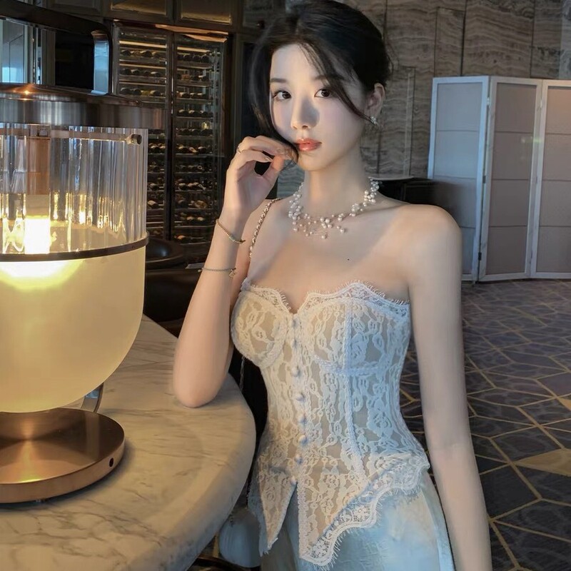 Lace Patchwork Sexy Tube Top for Women, Summer Sleeveless Chest-Wrapped Pure Desire Black Top with Chest Pads for Outerwear