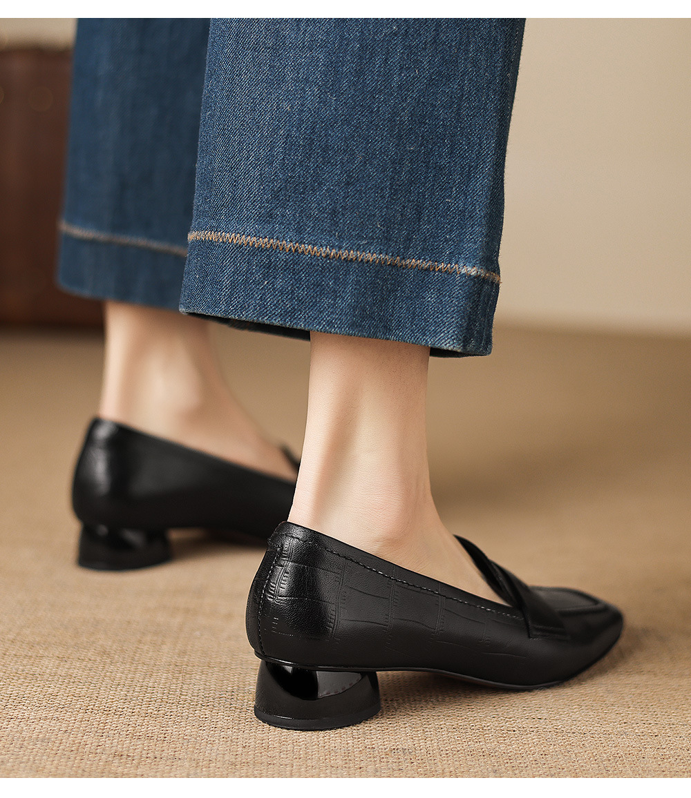 Giày loafer nữ da dê mũi vuông gót thấp kiểu cổ điển — đen chi tiết 18