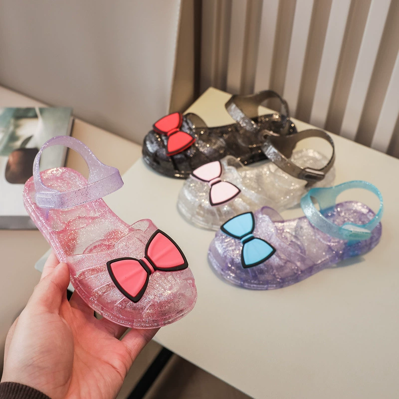 Кристаллическая полая девушка липучка сандалии маленькие дети птицы гнездо обувь сплошной цвет принцессы ПВХ обувь для волос