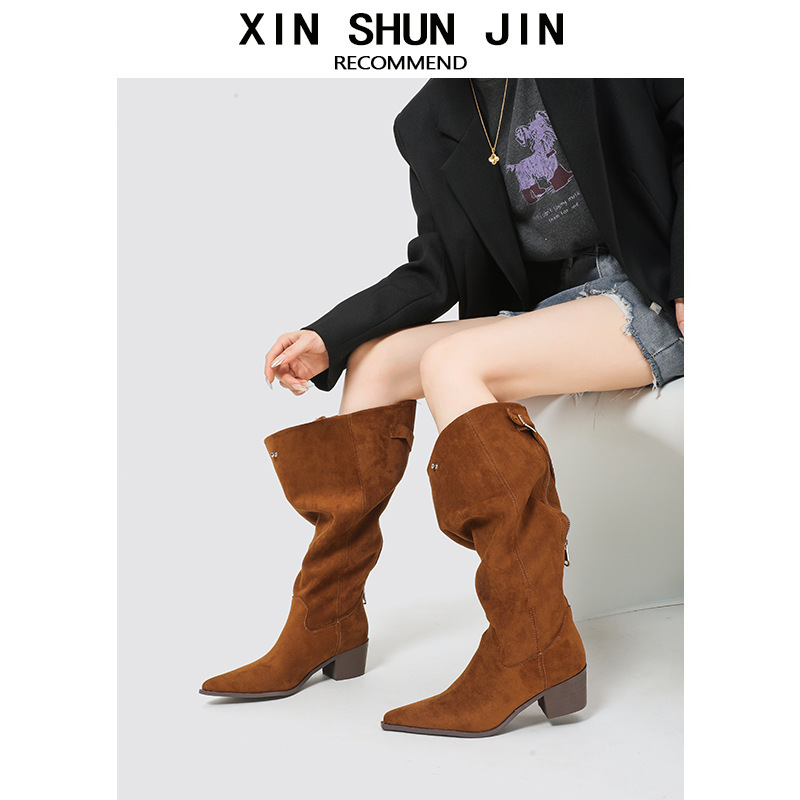 Niche Design Rear Zipper Pointed Toe Large Thong High Heel Stacked Boots Retro Western Cowboy Boots Thick Heel Boots Women