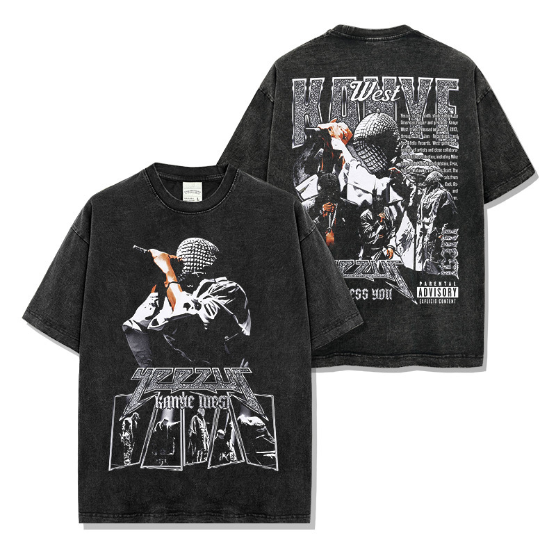 Cross-border American-style Hip-hop Kanye West Double-sided Printed Washed Short-sleeved T-shirt Loose Hooded Sweat for Men